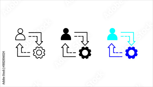 Solid icon set. of human profile, arrows, and gear, symbolizing workflow automation, human resources process, system integration, and business operations.