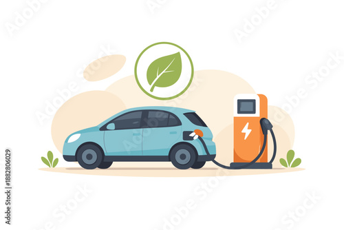 Electric car charging at a charging station with a leaf symbol.