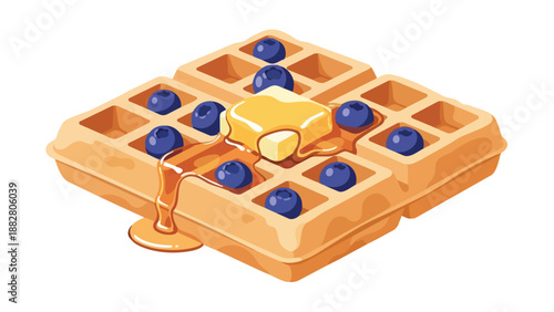 Delicious golden waffle topped with rich melting butter and fresh succulent blueberries drizzled with sweet golden syrup for a delightful morning