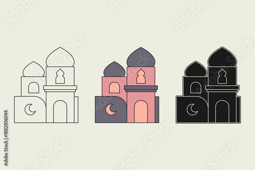 Mosque illustration in three different styles. Unique and simple mosque design with a combination of dark gray and muted pink colors, vector illustration.