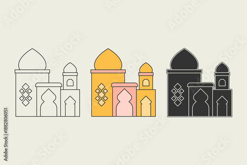 Mosque illustration in three different styles. Simple mosque design with a combination of orange and pastel pink colors, vector illustration.