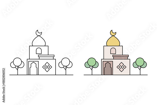 Mosque illustration in two different styles. Unique style mosque with soft brown colors. Ramadan theme, vector illustration.