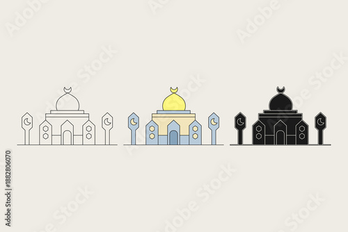 Mosque illustration in three different styles. Grand mosque with a combination of light gray and pastel cream colors. Ramadan theme, vector illustration.
