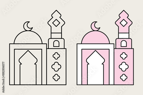 Mosque illustration in two different styles. Minimalist mosque with a combination of pink and white colors, vector illustration.
