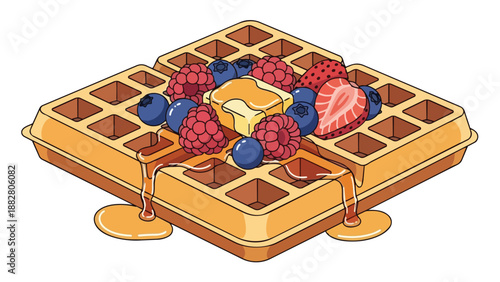 Vibrant isometric waffle illustration with fresh berries and golden syrup A delicious sweet breakfast treat rendered in a crisp vector art style