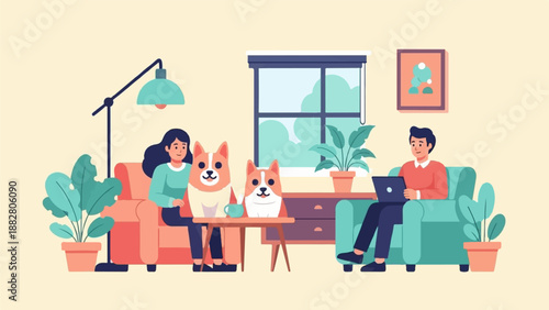 Diverse group relaxing at home with pets and indoor plants