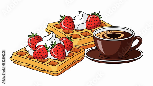 Delicious waffles topped with fresh strawberries and cream beside a coffee