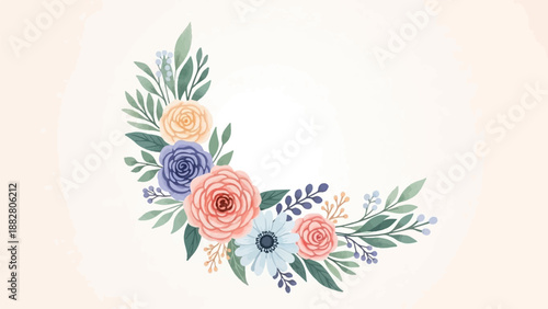 Delicate watercolor floral arrangement in pastel hues on a soft background