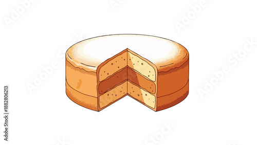 Illustration of a classic round layered cake with a slice removed, revealing delightful textures and sweet filling. Perfect dessert visual. An