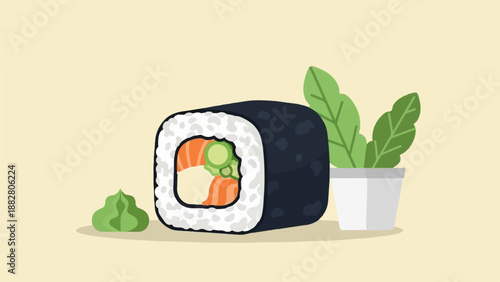 Delicious sushi roll with salmon, cucumber, and wasabi, next to a potted plant