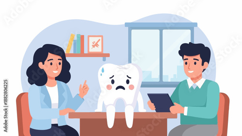 Dental consultation with a sad tooth and attentive professionals
