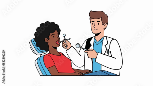 Dentist checks patient's teeth with instruments in dental chair