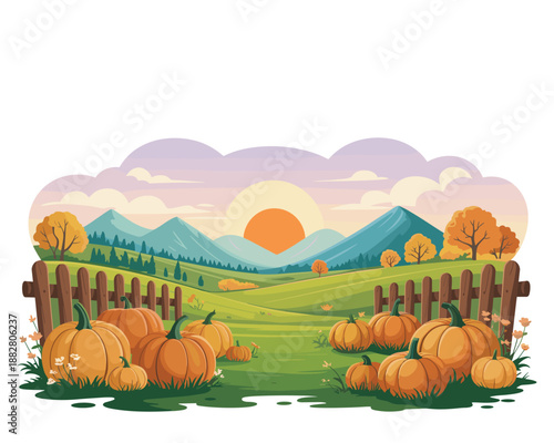 Autumn landscape with pumpkins in a field at sunset with mountains and trees fall harvest.