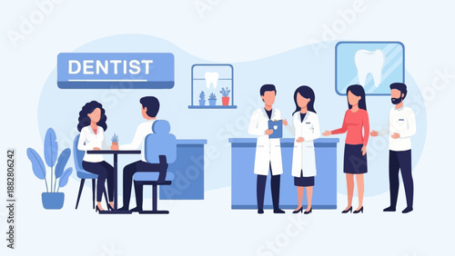 Dental clinic interior with patients and staff