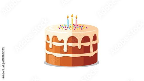 A delightful layered celebration cake illustration adorned with smooth white frosting, vibrant sprinkles, and three colorful lit candles, ideal for