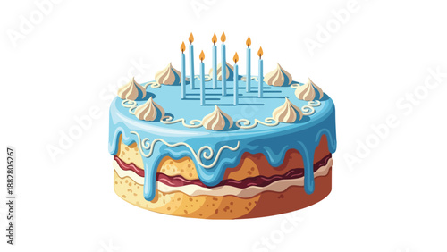 Vibrant blue iced celebration cake illustration, adorned with elegant white meringue swirls and ten flickering candles, symbolizing joy and sweet
