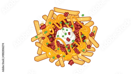 Delicious cartoon french fries loaded with melted cheese, savory bacon bits, chili, green onions, and a dollop of sour cream, a vibrant fast-food