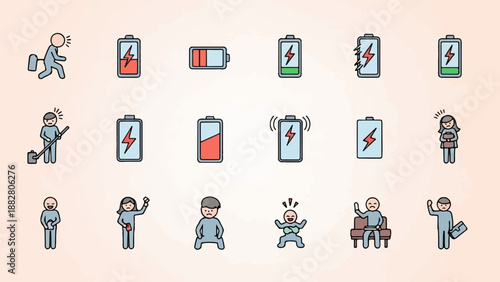Depicts human exhaustion, low battery icons, and related emotions