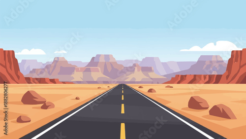 Desert highway stretches towards distant, layered mountain ranges under a pale sky