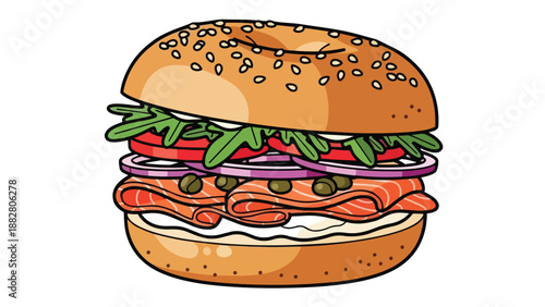 Cartoon sesame bagel illustration smoked salmon cream cheese capers red onion tomato fresh arugula for a delightful breakfast or lunch vibrant food