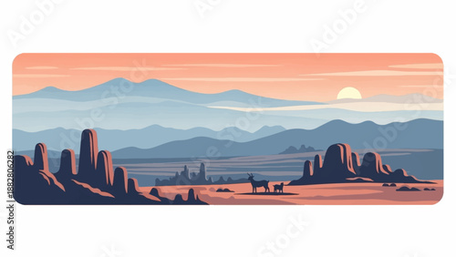Desert landscape with mountains, rock formations, and deer at sunrise