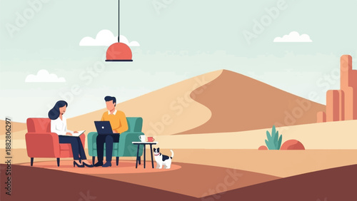 Desert oasis with couple working remotely and a pet dog