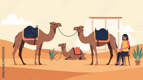 Desert scene with camels and a seated person under a canopy