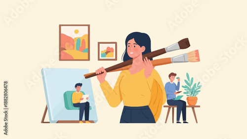 Creative people working on art in a studio with paintings