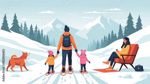 Family enjoys a snowy mountain landscape with a dog and a relaxed woman