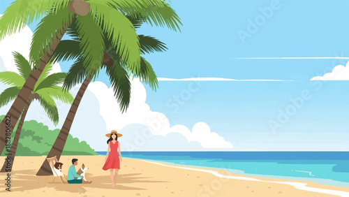 Family enjoys a sunny day at the beach with palm trees and a dog