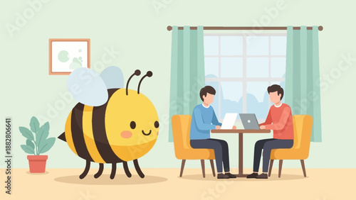 Cute bee watches two people work on laptops at a table