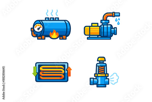 Set of four icons representing industrial equipment