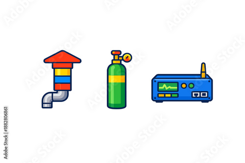 Set of three cartoon icons: ventilation, gas cylinder, and router