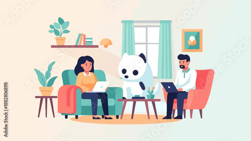 Cozy living room scene with people, a pet, and indoor plants