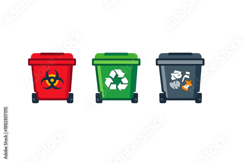 Three recycling bins representing different waste types
