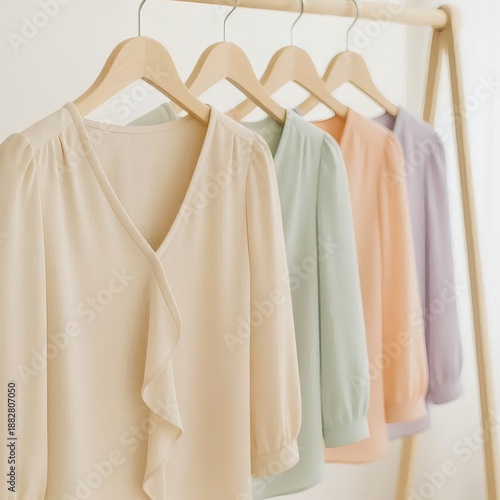 Pastel women blouses on hangers for fashion stores, online shops, catalogs and lookbooks
