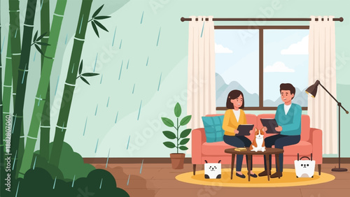 Couple indoors with tablets, while rain falls outside near bamboo