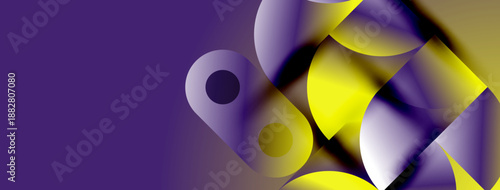 Abstract composition featuring overlapping circles, yellow hues blend with purple tones. Modern design, dynamic shapes create visual interest.