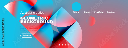 Abstract website header design. Vibrant colors, geometric shapes, text elements, navigation menu present. Modern style.