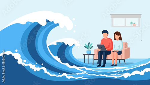 Couple on sofa with laptop beside huge wave, inside a room