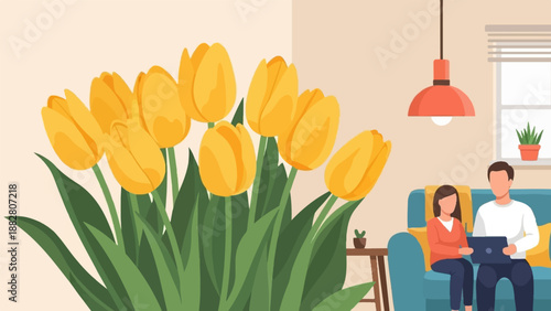 Couple on sofa with laptop amidst large yellow tulips