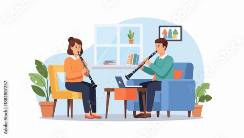 Couple practicing clarinet indoors with laptop nearby