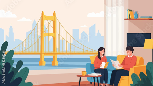 Couple reading books in a cozy room with a bridge view