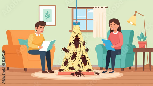 Couple reading books in a living room with a Christmas tree covered in cockroaches