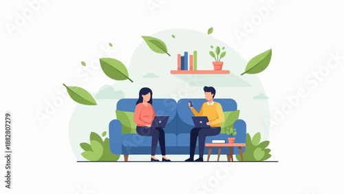 Couple on sofa with laptops, surrounded by plants, books, and floating leaves