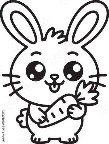 A cute cartoon bunny rabbit holding a carrot in a simple black and white vector illustration style