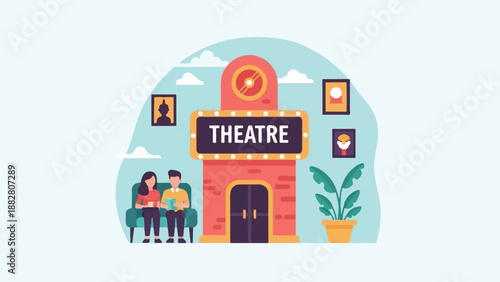 Couple reading on a bench outside a colorful building with a marquee