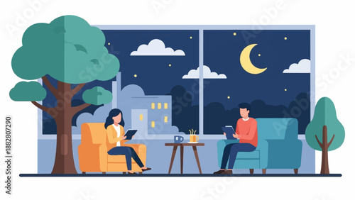 Couple reading books in cozy chairs at night overlooking city lights