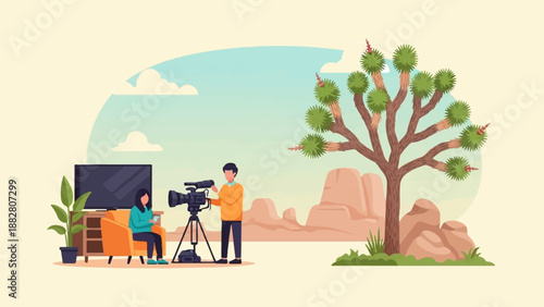 Desert scene with people filming a tree and television indoors