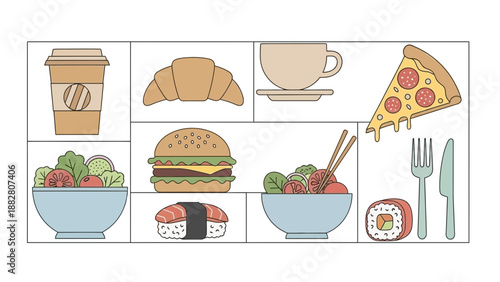 Assortment Of Delicious Food Items, Perfect For Breakfast, Lunch, And Dinner, All In One Frame